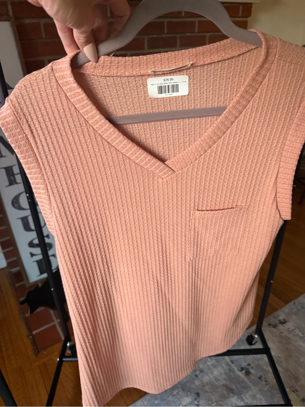 BOMBOM - Sleeveless Waffle Knit V-Neck Top - Peach